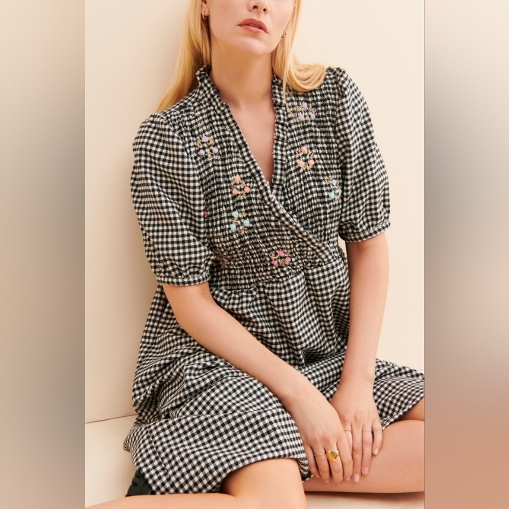 Tach Black White Gingham Floral Embroidered Puff Sleeve Adelfa Smocked Dress M